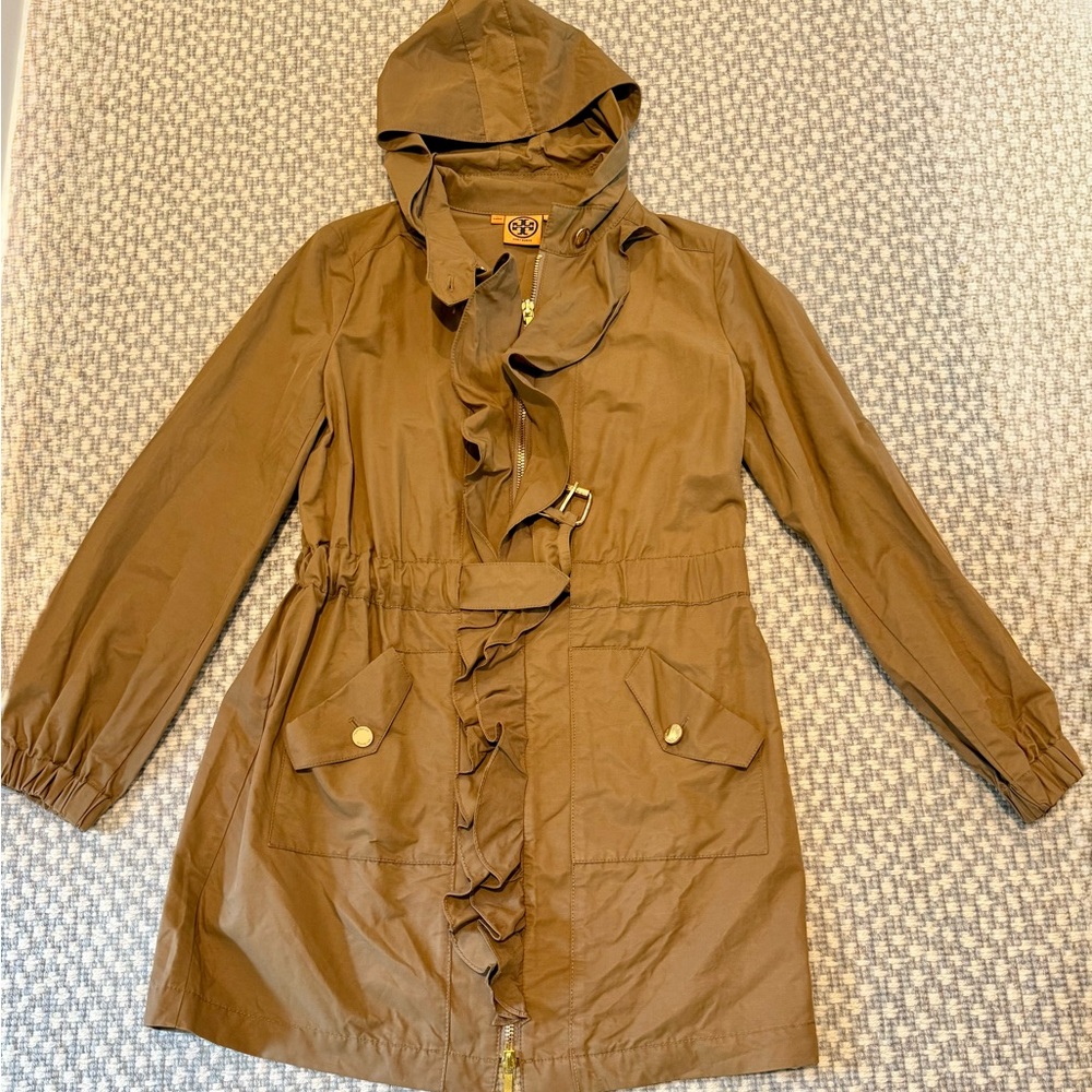 Tory Burch Trench Coat with Ruffle Detail with hood and belt